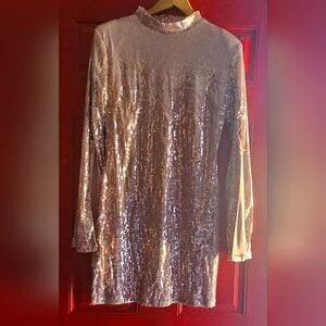 Fashion Nova Long Sleeve Sequin Mini Dress Blush Pink Sz L
